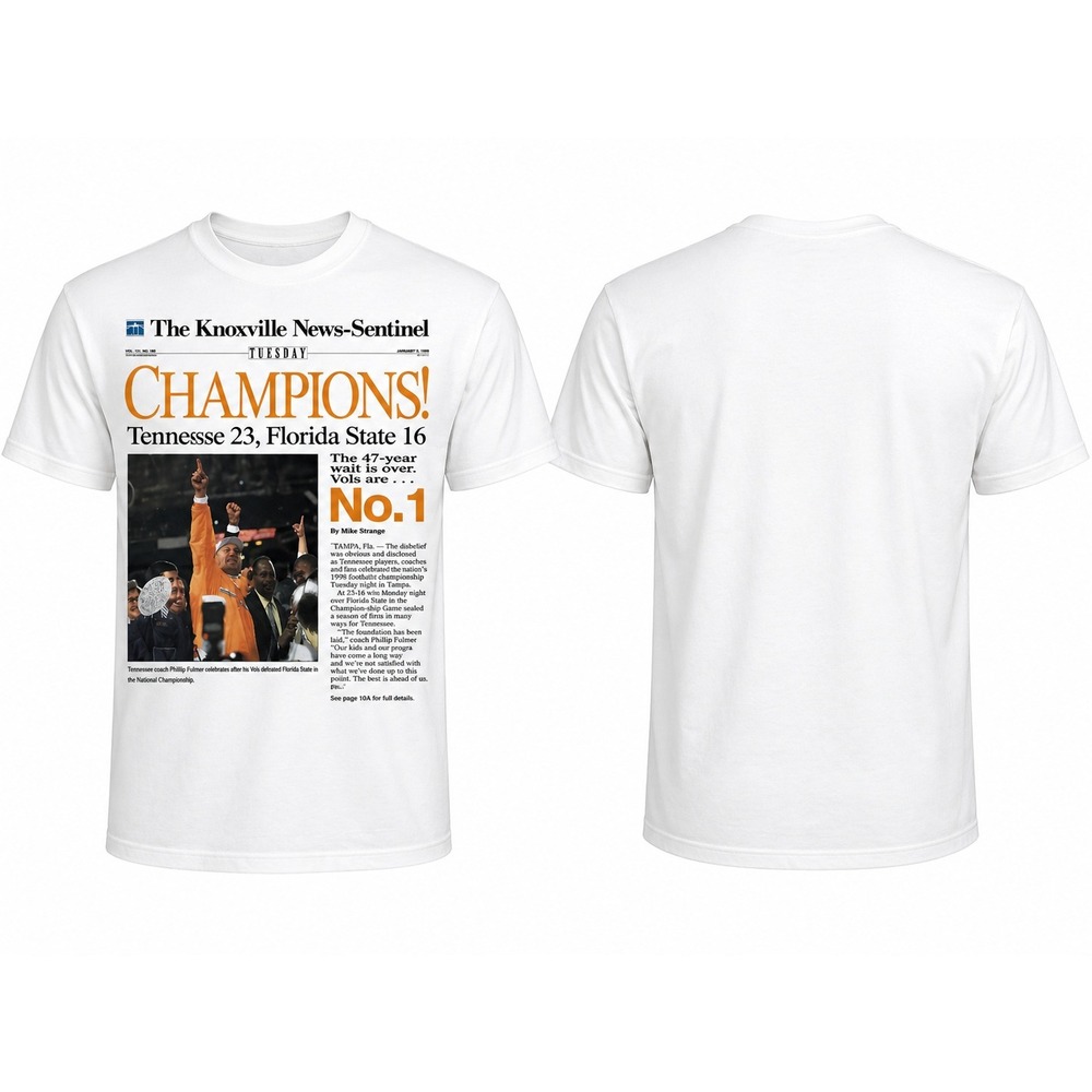 Vintage‎ 1999 Tennessee Vols National Champions Newspaper T-Shirt Oneita Large